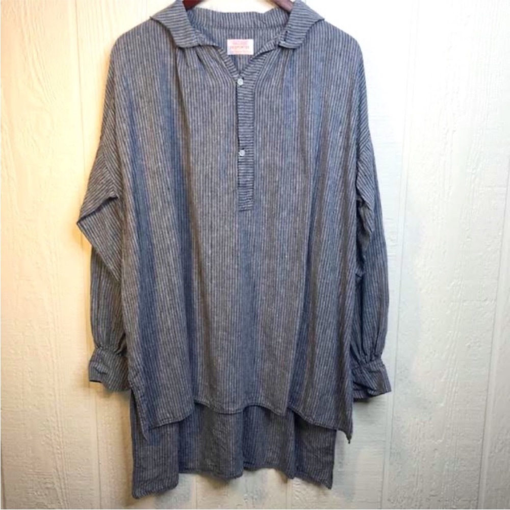 Gallego Desportes Red Cross linen shirt size M in blue stripe